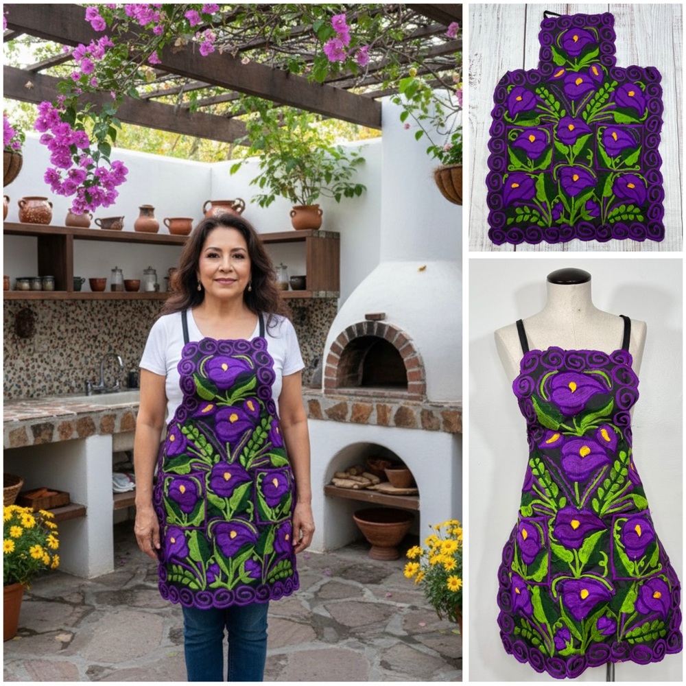 Mexican Embroidered Purple Calla Lily Artisan Apron